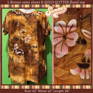 NEW L BROWN GOLD GLITTER SEMISHEER TOP ASYM RAWEDGE SCALLOP NECKLINE PINK FLORAL